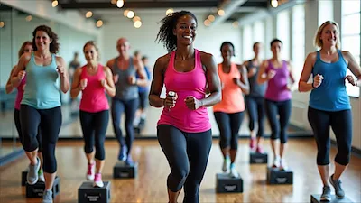 Diverse group of adults performing step and strength exercises with dumbbells in a bright, modern fitness studio, led by a female instructor
