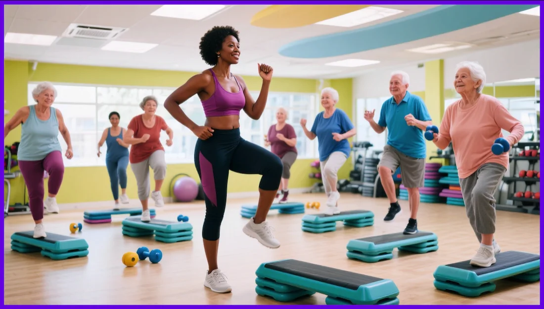 Older adults enjoying a step aerobics class for seniors in Ottawa, focusing on low-impact exercise and group fitness