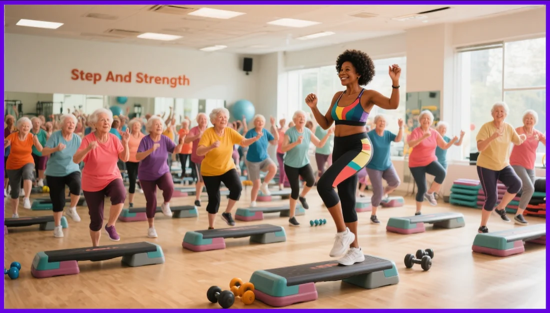 Seniors participating in Steps And Strength fitness class in Ottawa, enjoying step aerobics and strength training for active aging