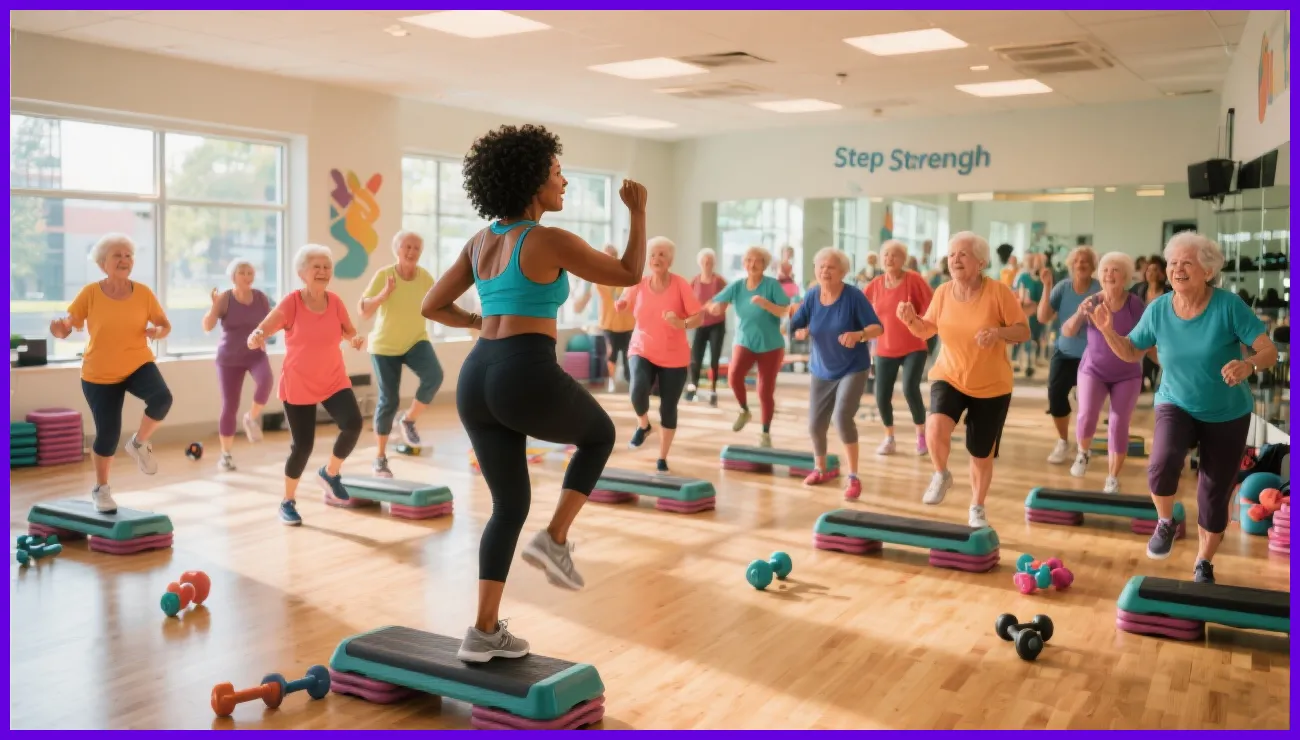 Group fitness for seniors in Ottawa enjoying Steps And Strength class.