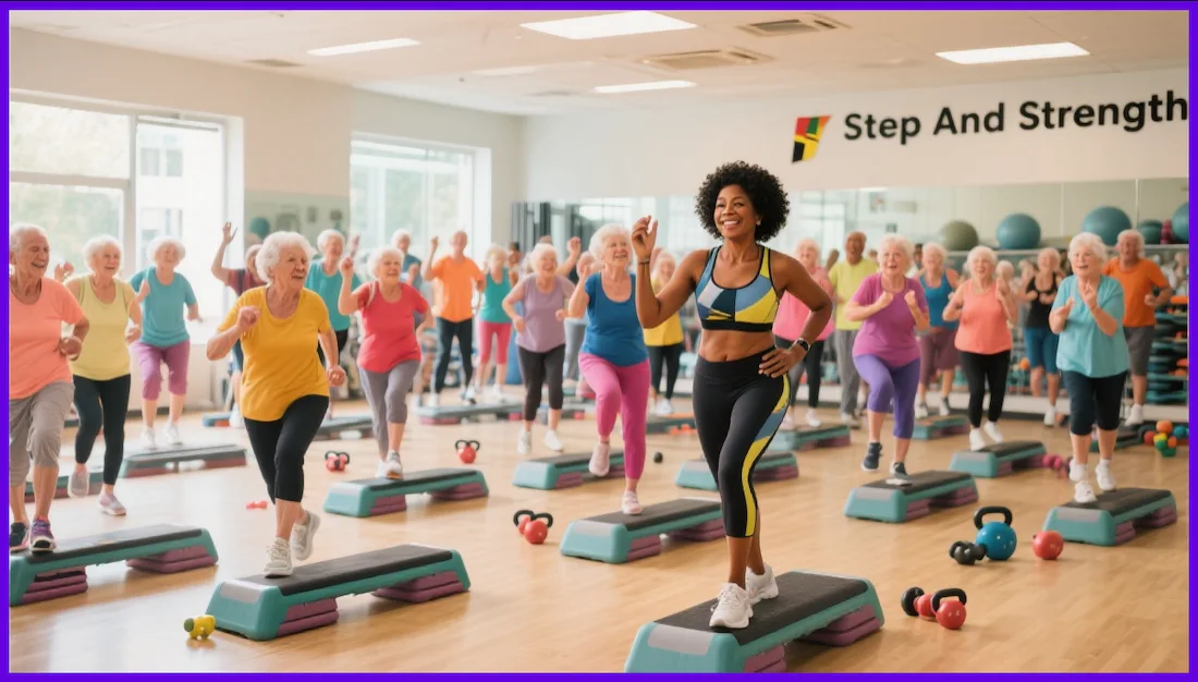 Seniors performing strength training exercises with resistance bands in a step and strength class in Ottawa