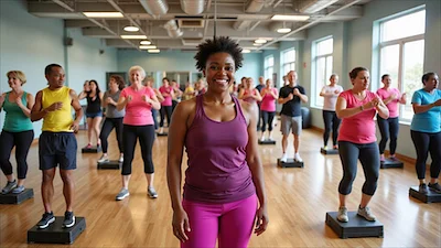 Licensed fitness instructor leading a combined Zumba Gold and Step & Strength class for adults 50+ in a modern Ottawa studio