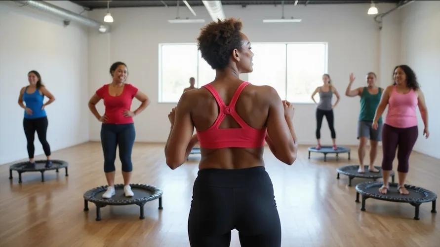 Smiling rebound n strength group of older adults working out together on mini trampolines