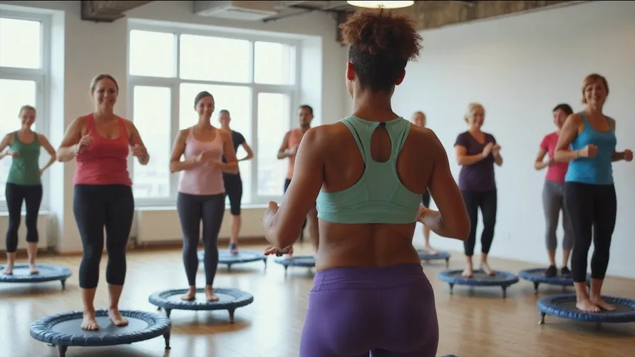 Rebound Class Female instructor leading seniors in mini trampoline and strength exercises
